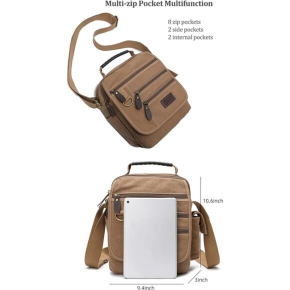 Mens Canvas Shoulder Bag Small Messenger Crossbody Work Bag Vintage Travel Bag - Picture 2 of 7